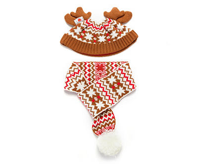 Pet Medium/Large Fair Isle Reindeer Hat & Scarf Set