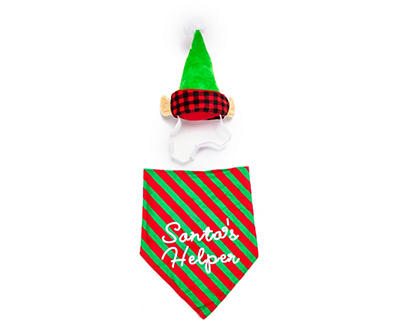 Pet Medium/Large "Santa's Helper" Bandana & Elf Hat Set