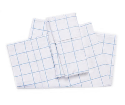 White & Blue Windowpane Plaid King 4-Piece Flannel Sheet Set