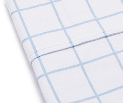 White & Blue Windowpane Plaid Full 4-Piece Flannel Sheet Set