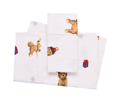 White & Brown Holiday Dogs Twin 3-Piece Flannel Sheet Set