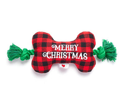 "Merry Christmas" Red Check Rope & Plush Bone Dog Toy