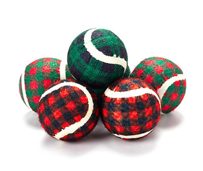 Holiday Plaid Tennis Balls Dog Toy, 6-Pack