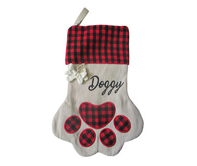 "Doggy" Beige & Red Plaid Dog Paw Print Stocking