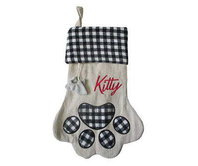 "Kitty" Beige & Black Plaid Cat Paw Print Stocking