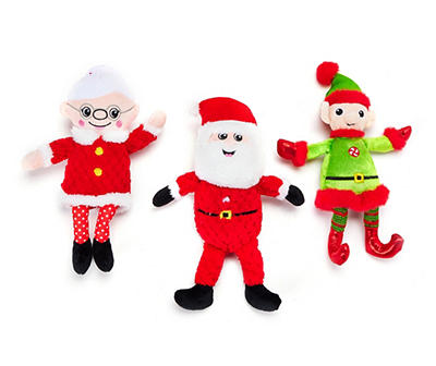 Holiday Santa, Mrs. Claus & Elf 3-Piece Plush Pet Toy Set