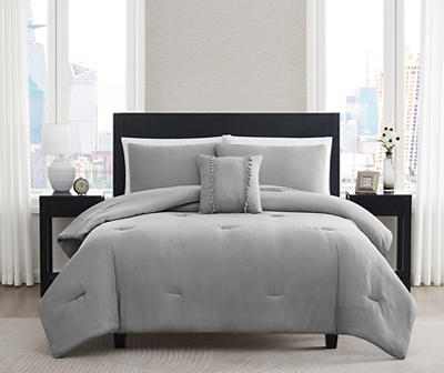 Light Gray Embroidered-Accent Stitch-Tufted Queen 4-Piece Comforter Set