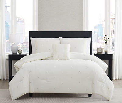 White Embroidered-Accent Stitch-Tufted Queen 4-Piece Comforter Set