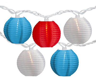 Red, White & Light Blue Paper Lantern Light Set, 10-Lights