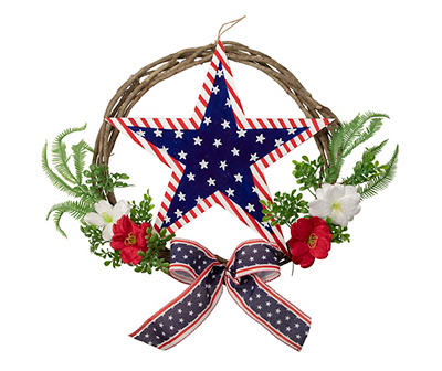24" U.S. Flag Star, Floral & Bow Grapevine Wreath