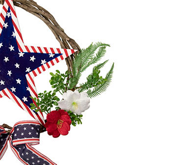 24" U.S. Flag Star, Floral & Bow Grapevine Wreath