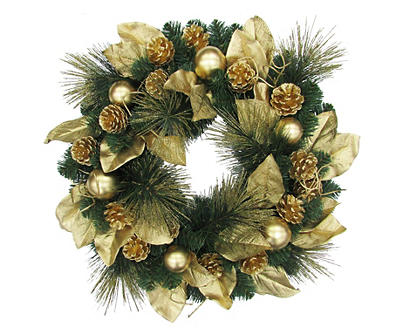 24" Gold Leaf, Pinecone & Ornament Mixed Wreath