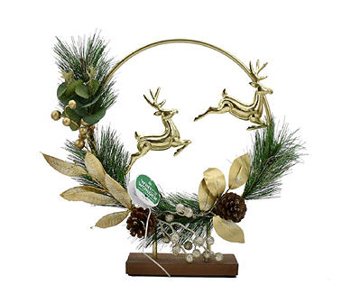Gold Flying Deer & Greenery LED Tabletop Wreath