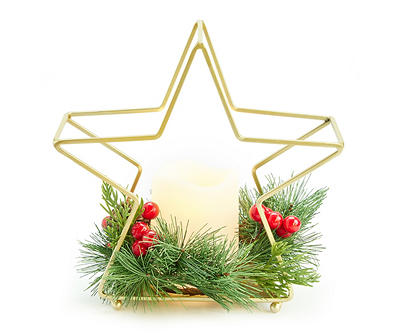Gold Star & Greenery LED Candle Tabletop Decor
