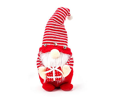 Red & White Stripe Gnome Holding Gift Plush Tabletop Decor