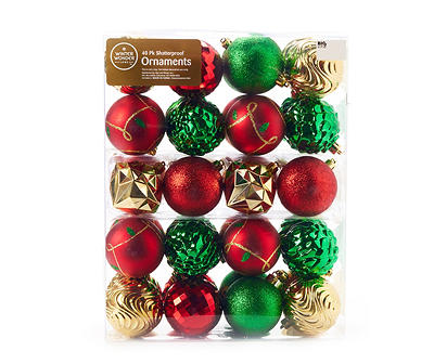 Red, Green & Gold Ball 40-Piece Shatterproof Ornament Set