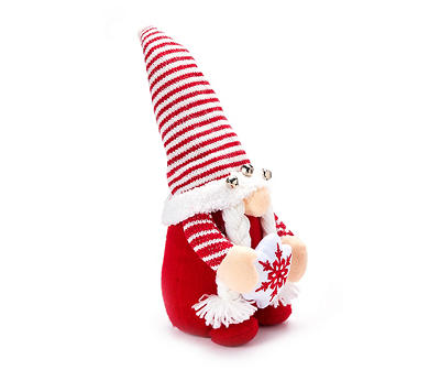Red & White Stripe Gnome Holding Snowflake Plush Tabletop Decor