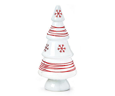 White Stripe & Snowflake Glass Cone Tree Tabletop Decor