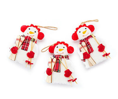 Red Earmuff & Scarf Skiing Snowman Ornaments, 3-Pack