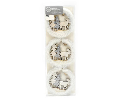 White Fur Wreath Scene Ornaments, 3-Pack