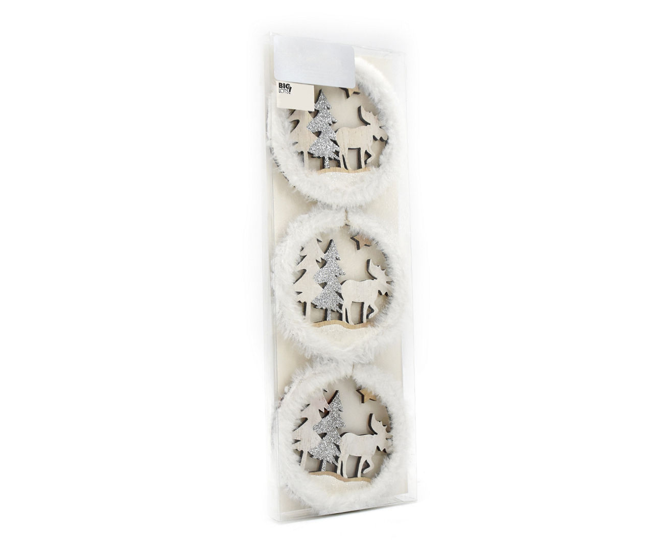 White Fur Wreath Scene Ornaments, 3-Pack