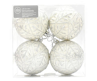 White & Silver Leaf Ball Ornaments, 4-Pack