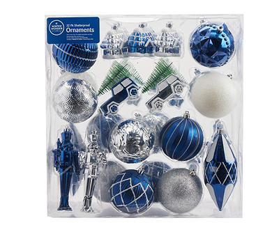 Blue, Silver & White 32-Piece Shatterproof Ornament Set