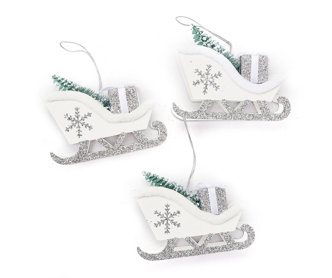 Winter Wonder Lane Silver Glitter Snowflake Sleigh Ornaments, 3Pack Big Lots