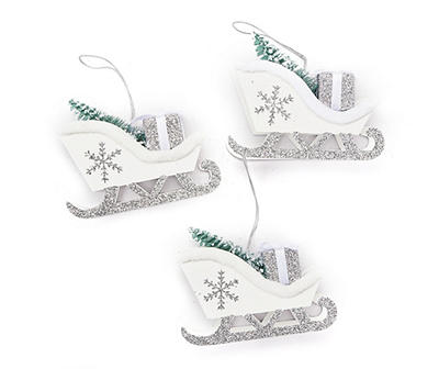 Silver Glitter Snowflake Sleigh Ornaments, 3-Pack