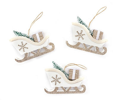 Gold Glitter Snowflake Sleigh Ornaments, 3-Pack