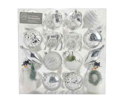 White & Silver Ball 32-Piece Shatterproof Plastic Ornament Set