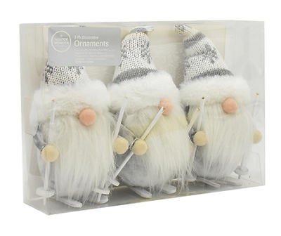 White & Gray Skiing Gnome Ornaments, 3-Pack