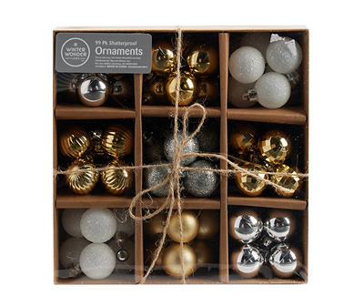 Gold, Silver & White Ball 99-Piece Shatterproof Mini Ornament Set