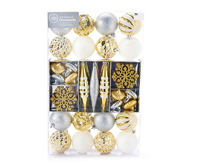 Gold, Silver & White 46-Piece Shatterproof Plastic Ornament Set
