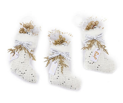 White Sequin Stocking Ornaments, 3-Pack