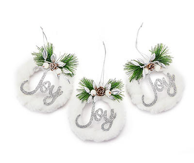 "Joy" White Fur & Silver Glitter Wreath Ornaments, 3-Pack