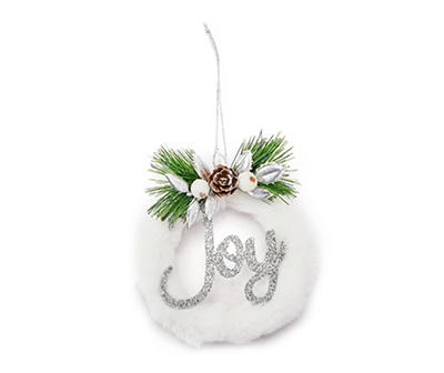 "Joy" White Fur & Silver Glitter Wreath Ornaments, 3-Pack