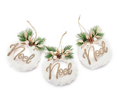 "Noel" White Fur & Gold Glitter Wreath Ornaments, 3-Pack