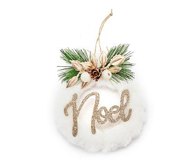 "Noel" White Fur & Gold Glitter Wreath Ornaments, 3-Pack