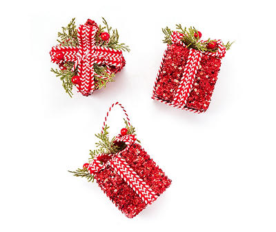 Red Sequin Gift Box Ornaments, 3-Pack