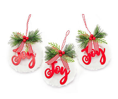 "Joy" White Fur & Red Wreath Ornaments, 3-Pack