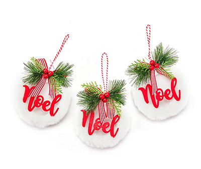 "Noel" White Fur & Red Wreath Ornaments, 3-Pack