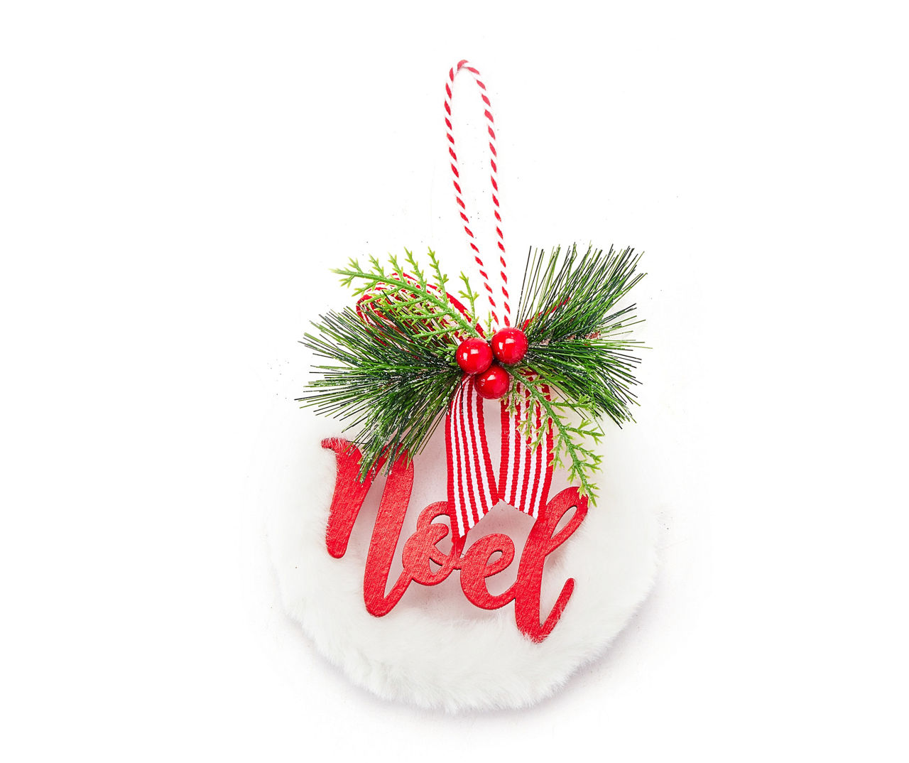 "Noel" White Fur & Red Wreath Ornaments, 3-Pack