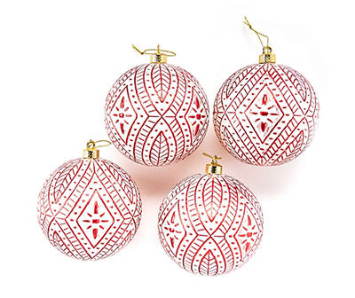 Red & White Pattern Ball Ornaments, 4-Pack