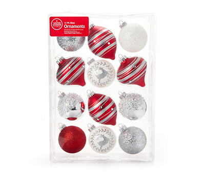 Red, Silver & White Decorative 12-Piece Glass Ornament Set