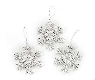 Silver Bead Snowflake Ornaments, 3-Pack