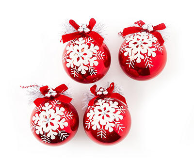 Red Snowflake Ball Ornaments, 4-Pack