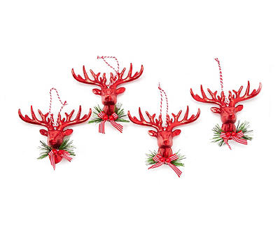 Red Glitter Deer Head Ornaments, 4-Pack