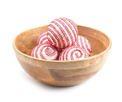 White & Red Rope Stripe Ball Ornaments, 5-Pack