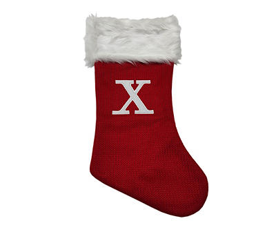 "X" Monogram Red Knit Stocking with White Fur Cuff